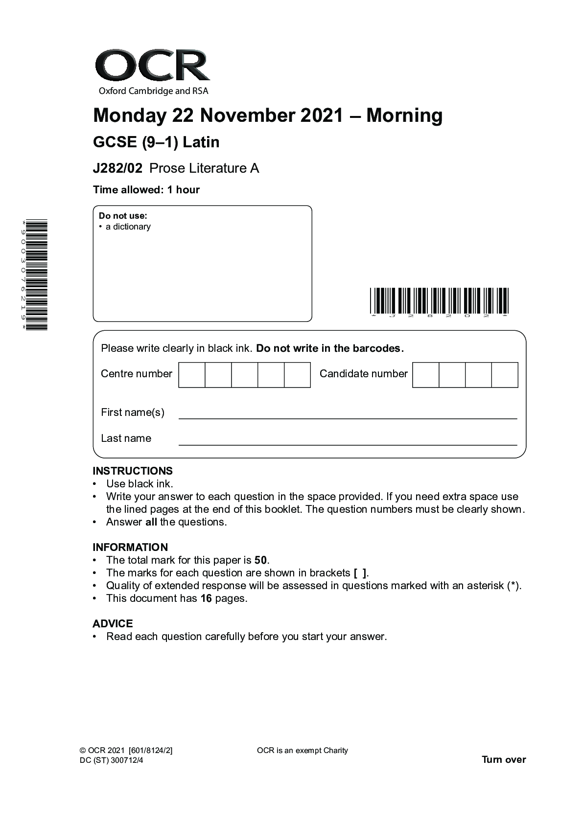 Preview image for GCSE (9–1) Latin_J282/02 Question Paper Oct 2021 | Prose Literature A